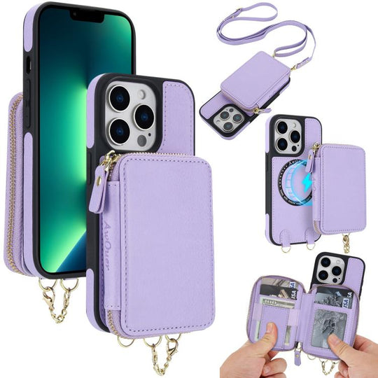 For iPhone 13 Pro Max AwQuer 2 in 1 Crossbody Zipper Wallet Leather Back Phone Case(Light Purple)