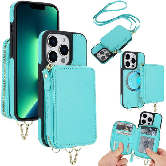 For iPhone 13 Pro AwQuer 2 in 1 Crossbody Zipper Wallet Leather Back Phone Case(Light Green)