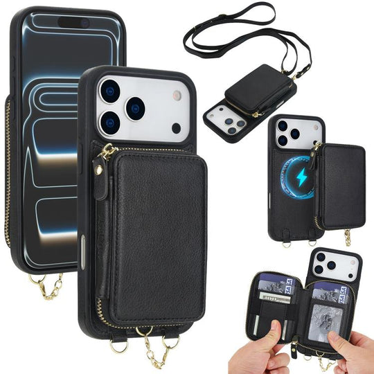For iPhone 18 Pro Max / 17 Pro Max AwQuer 2 in 1 Crossbody Zipper Wallet Leather Back Phone Case(Black)