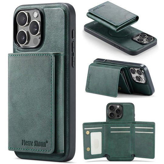 For iPhone 16 Pro Fierre Shann 2 in 1 Holder RFID Card Slot Wallet MagSafe Phone Case(Green)