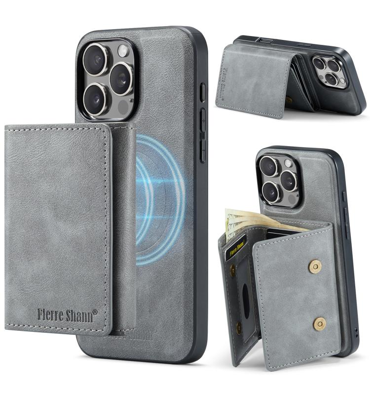 For iPhone 16 Pro Fierre Shann 2 in 1 Holder RFID Card Slot Wallet MagSafe Phone Case(Grey) - iPhone 16 Pro Cases by FIERRE SHANN | Online Shopping UK | buy2fix