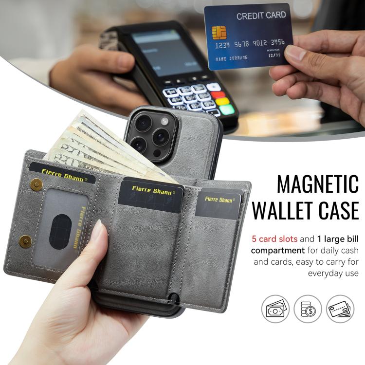 For iPhone 16 Pro Fierre Shann 2 in 1 Holder RFID Card Slot Wallet MagSafe Phone Case(Grey) - iPhone 16 Pro Cases by FIERRE SHANN | Online Shopping UK | buy2fix