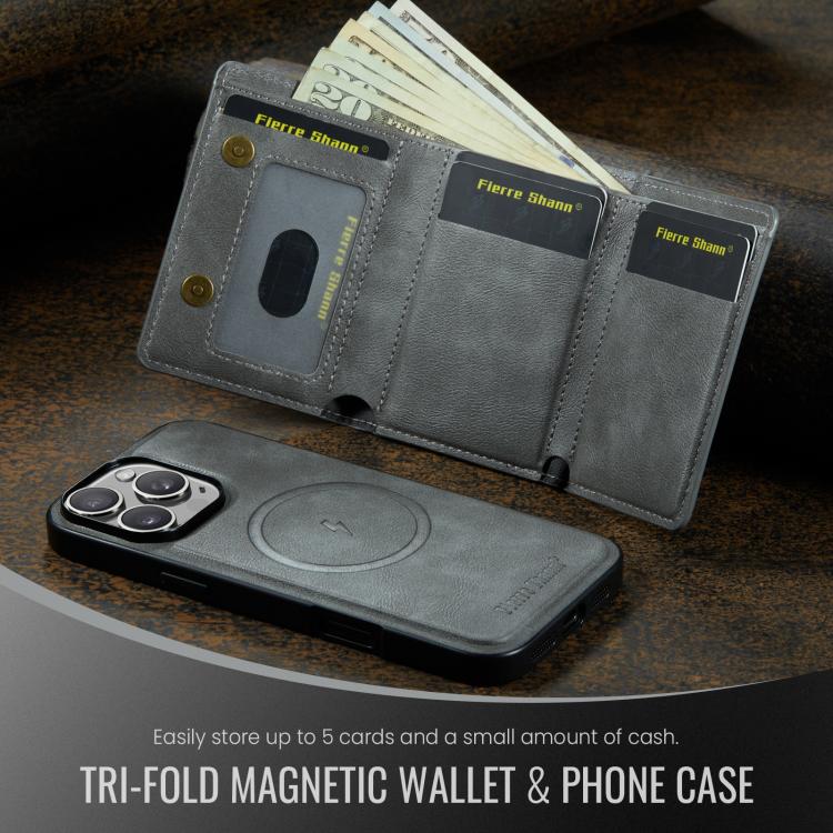 For iPhone 16 Pro Fierre Shann 2 in 1 Holder RFID Card Slot Wallet MagSafe Phone Case(Grey) - iPhone 16 Pro Cases by FIERRE SHANN | Online Shopping UK | buy2fix