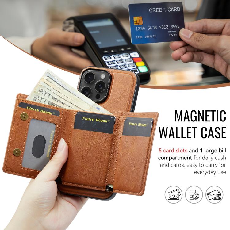 For iPhone 16 Pro Max Fierre Shann 2 in 1 Holder RFID Card Slot Wallet MagSafe Phone Case(Dark Brown) - iPhone 16 Pro Max Cases by FIERRE SHANN | Online Shopping UK | buy2fix