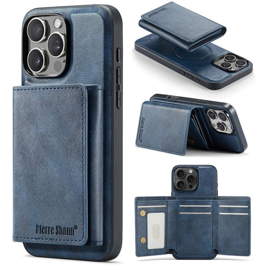 For iPhone 16 Pro Max Fierre Shann 2 in 1 Holder RFID Card Slot Wallet MagSafe Phone Case(Blue)