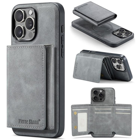 For iPhone 16 Pro Max Fierre Shann 2 in 1 Holder RFID Card Slot Wallet MagSafe Phone Case(Grey)
