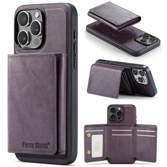 For iPhone 16 Pro Max Fierre Shann 2 in 1 Holder RFID Card Slot Wallet MagSafe Phone Case(Purple)