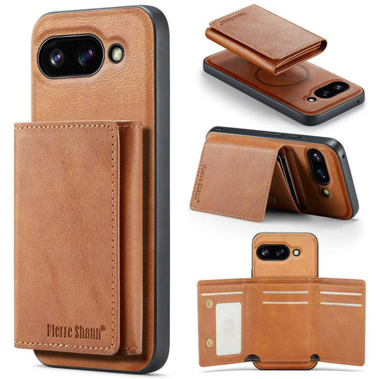 For Google Pixel 9a Fierre Shann 2 in 1 Holder RFID Card Slot Wallet MagSafe Phone Case(Dark Brown)
