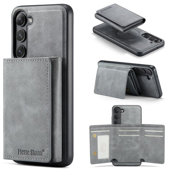 For Samsung Galaxy S23 5G Fierre Shann 2 in 1 Holder RFID Card Slot Wallet MagSafe Phone Case(Grey)