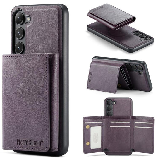 For Samsung Galaxy S23 5G Fierre Shann 2 in 1 Holder RFID Card Slot Wallet MagSafe Phone Case(Purple)