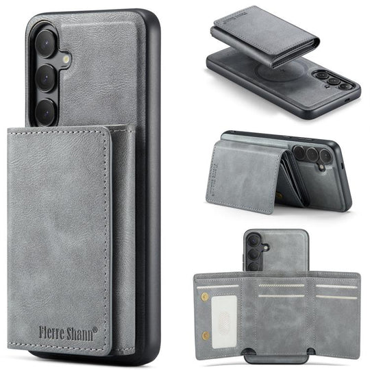 For Samsung Galaxy S24 5G Fierre Shann 2 in 1 Holder RFID Card Slot Wallet MagSafe Phone Case(Grey)
