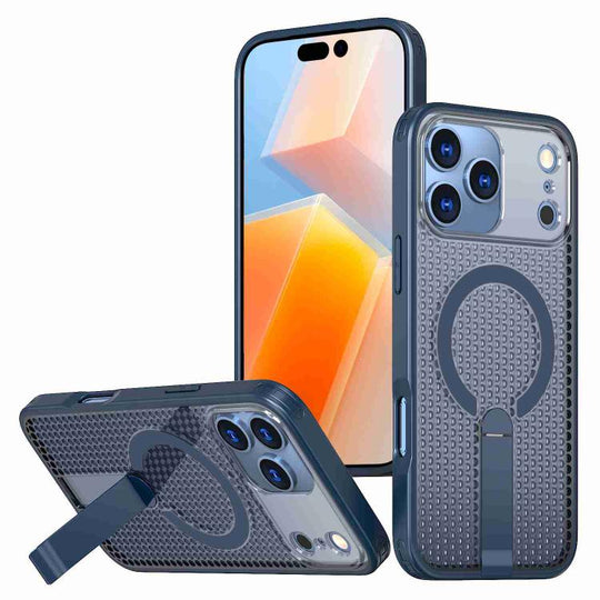 For iPhone 17 Pro kalebol Honeycomb Cooling MagSafe Holder Phone Case(Blue)