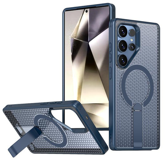 For Galaxy S23 Ultra 5G kalebol Honeycomb Cooling MagSafe Holder Phone Case(Blue)