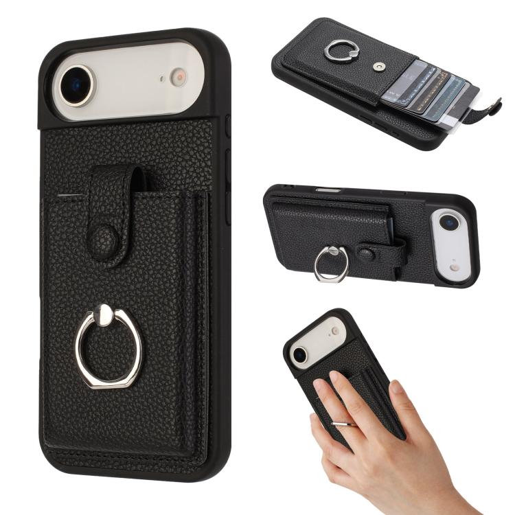 For iPhone Air Litchi Texture Drawing Card Bag Ring Holder Phone Case(Black) - iPhone Air Cases by buy2fix | Online Shopping UK | buy2fix