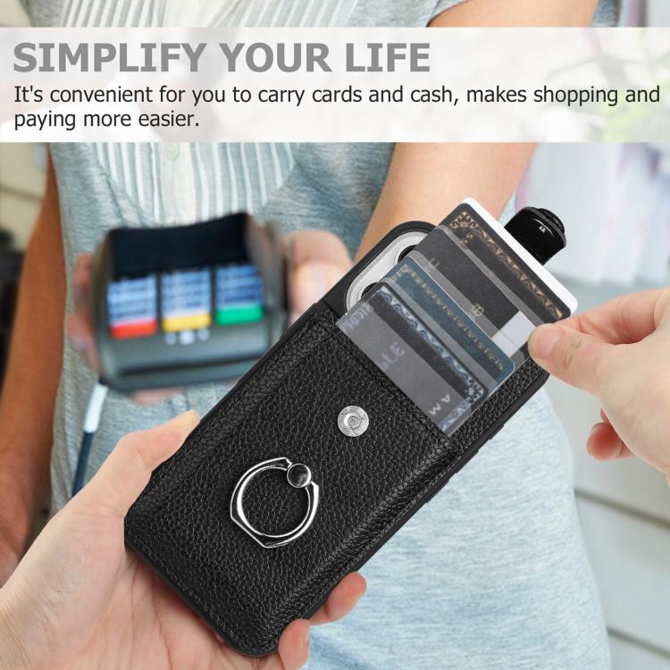 For iPhone Air Litchi Texture Drawing Card Bag Ring Holder Phone Case(Black) - iPhone Air Cases by buy2fix | Online Shopping UK | buy2fix