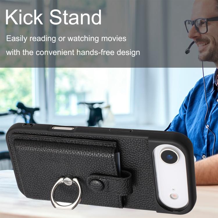 For iPhone Air Litchi Texture Drawing Card Bag Ring Holder Phone Case(Black) - iPhone Air Cases by buy2fix | Online Shopping UK | buy2fix