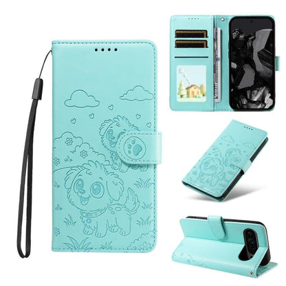 For Google Pixel 10 / 10 Pro / 9 / 9 Pro Embossed Heart Dog RFID Blocking Wallet Leather Phone Case(Green) - Google Cases by buy2fix | Online Shopping UK | buy2fix