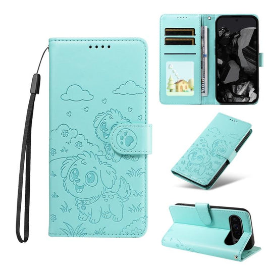 For Google Pixel 10 / 10 Pro / 9 / 9 Pro Embossed Heart Dog RFID Blocking Wallet Leather Phone Case(Green) - Google Cases by buy2fix | Online Shopping UK | buy2fix