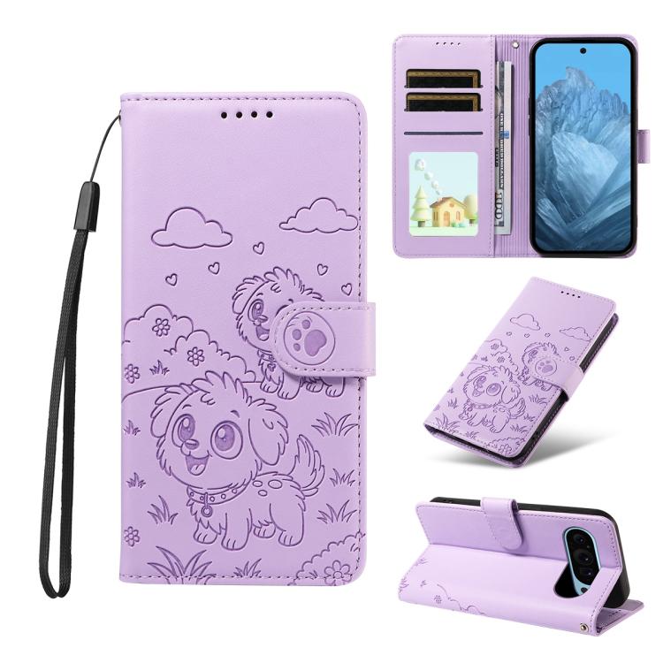 For Google Pixel 10 Pro XL / 9 Pro XL Embossed Heart Dog RFID Blocking Wallet Leather Phone Case(Purple) - Google Cases by buy2fix | Online Shopping UK | buy2fix