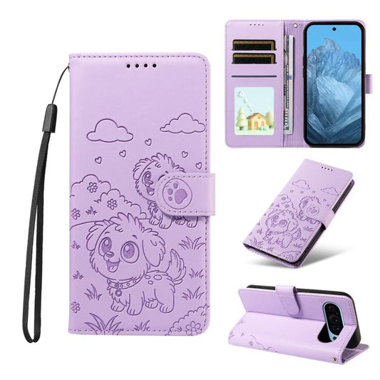 For Google Pixel 10 Pro XL / 9 Pro XL Embossed Heart Dog RFID Blocking Wallet Leather Phone Case(Purple) - Google Cases by buy2fix | Online Shopping UK | buy2fix