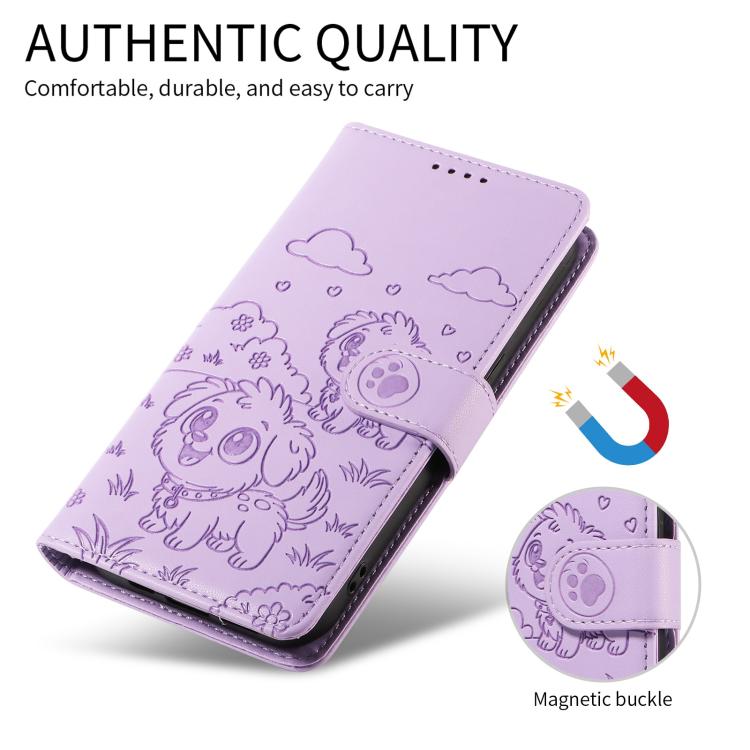 For Google Pixel 10 Pro XL / 9 Pro XL Embossed Heart Dog RFID Blocking Wallet Leather Phone Case(Purple) - Google Cases by buy2fix | Online Shopping UK | buy2fix