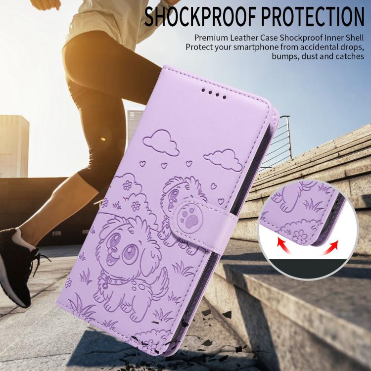For Google Pixel 10 Pro XL / 9 Pro XL Embossed Heart Dog RFID Blocking Wallet Leather Phone Case(Purple) - Google Cases by buy2fix | Online Shopping UK | buy2fix