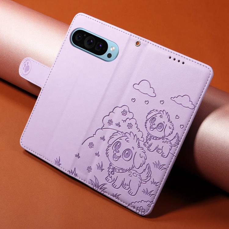 For Google Pixel 10 Pro XL / 9 Pro XL Embossed Heart Dog RFID Blocking Wallet Leather Phone Case(Purple) - Google Cases by buy2fix | Online Shopping UK | buy2fix