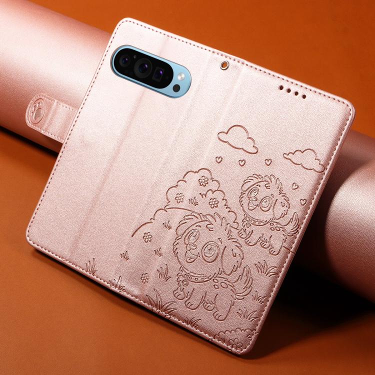 For Google Pixel 10 Pro XL / 9 Pro XL Embossed Heart Dog RFID Blocking Wallet Leather Phone Case(Rose Gold) - Google Cases by buy2fix | Online Shopping UK | buy2fix