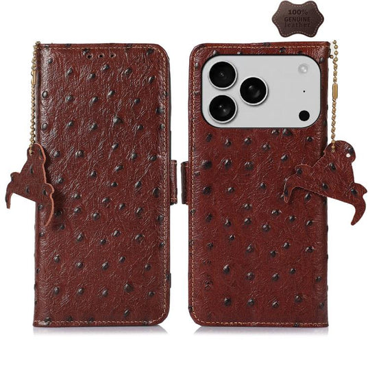 For iPhone 18 Pro Max / 17 Pro Max Ostrich Pattern Genuine Leather RFID Phone Case(Coffee)