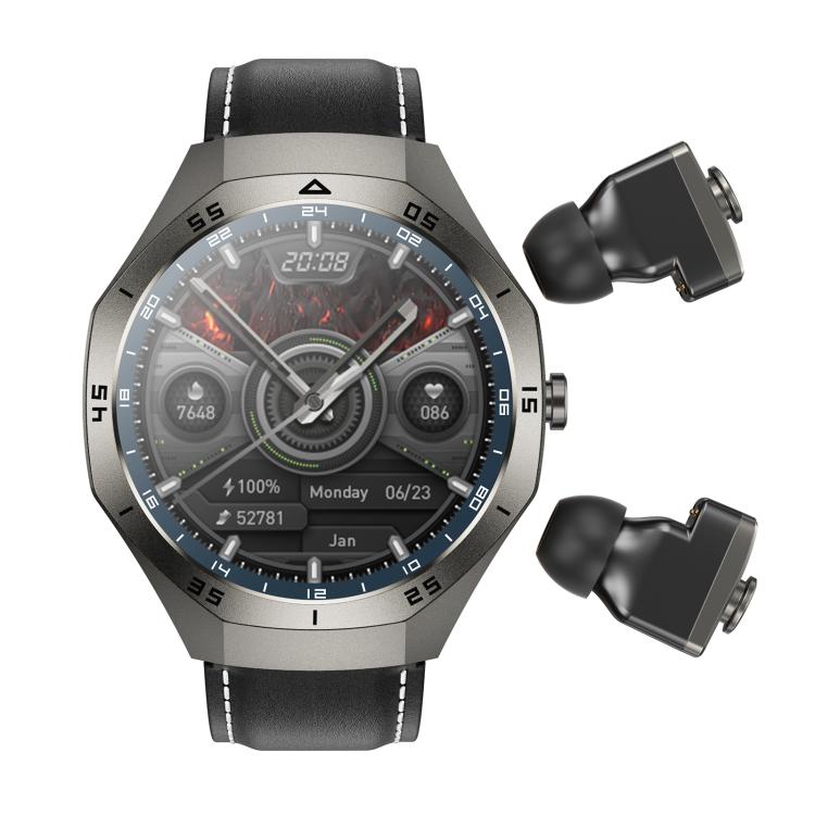 F38 Dual-ear Bluetooth Earphone Smart Watch IP67 Supports Heart Rate Monitoring, Watchband:Leather(Black) - Smart Watches by buy2fix | Online Shopping UK | buy2fix