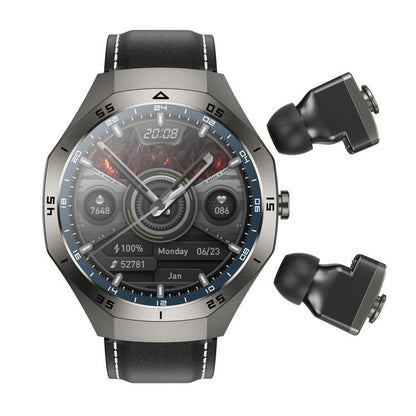 F38 Dual-ear Bluetooth Earphone Smart Watch IP67 Supports Heart Rate Monitoring, Watchband:Leather(Black) - Smart Watches by buy2fix | Online Shopping UK | buy2fix