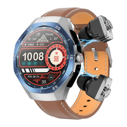 F38 Dual-ear Bluetooth Earphone Smart Watch IP67 Supports Heart Rate Monitoring, Watchband:Leather(Silver) - Smart Watches by buy2fix | Online Shopping UK | buy2fix