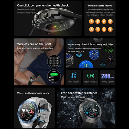 F38 Dual-ear Bluetooth Earphone Smart Watch IP67 Supports Heart Rate Monitoring, Watchband:Silicone(Silver) - Smart Watches by buy2fix | Online Shopping UK | buy2fix