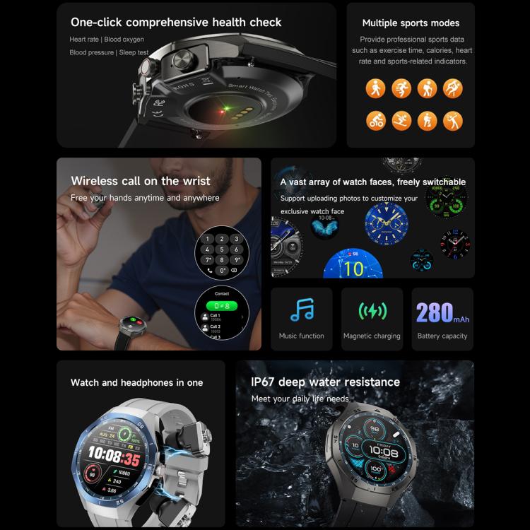 F38 Dual-ear Bluetooth Earphone Smart Watch IP67 Supports Heart Rate Monitoring, Watchband:Leather(Black) - Smart Watches by buy2fix | Online Shopping UK | buy2fix