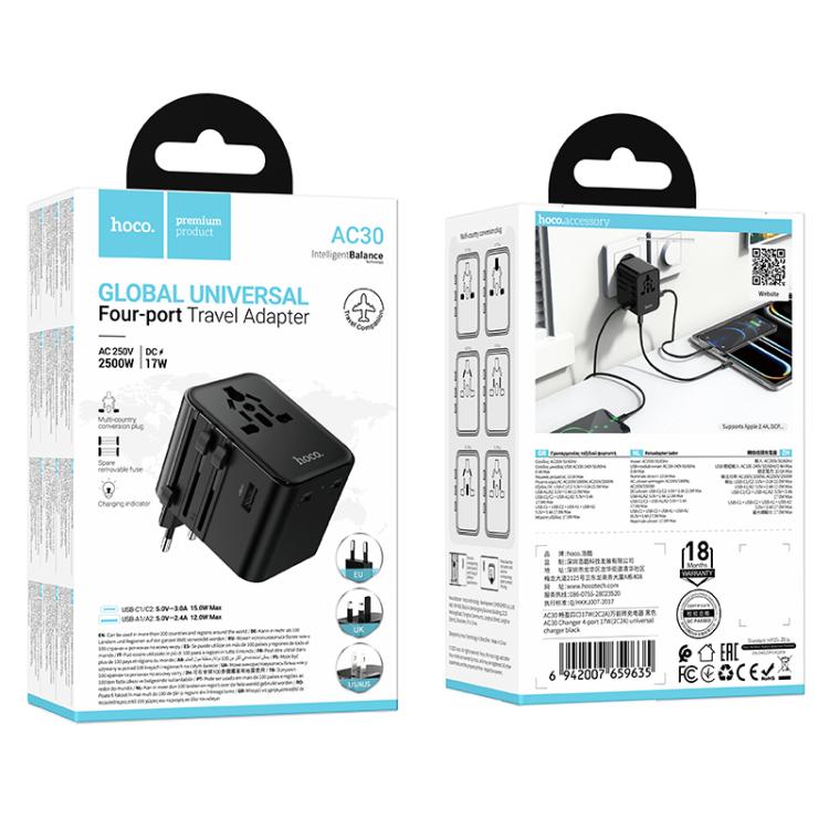 hoco AC30 17W 2 x USB-C / Type-C and 2 x USB-A 4-Ports Global Universal Travel Charger(Black) - Plug Adaptor by hoco | Online Shopping UK | buy2fix