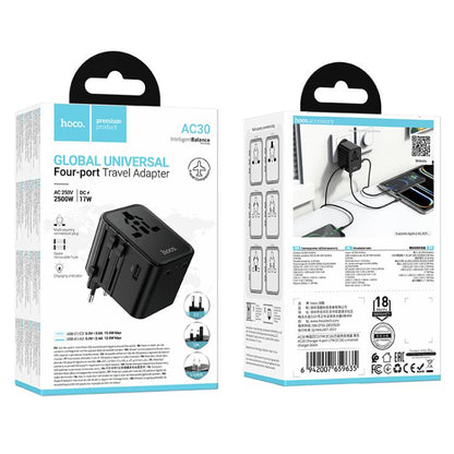 hoco AC30 17W 2 x USB-C / Type-C and 2 x USB-A 4-Ports Global Universal Travel Charger(Black) - Plug Adaptor by hoco | Online Shopping UK | buy2fix