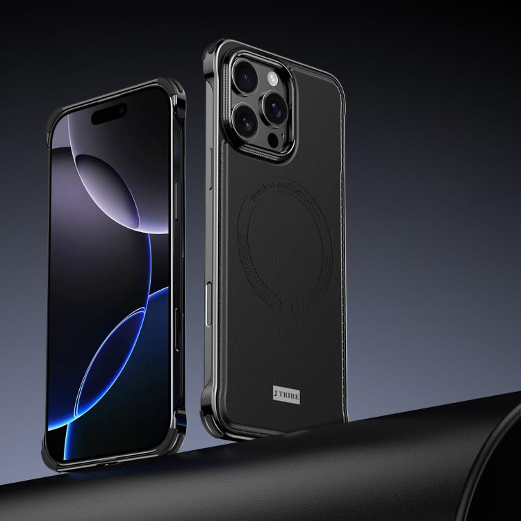 For iPhone 15 Pro J TRIBE Metal Frameless Plain Leather MagSafe Phone Case(Black) - iPhone 15 Pro Cases by buy2fix | Online Shopping UK | buy2fix