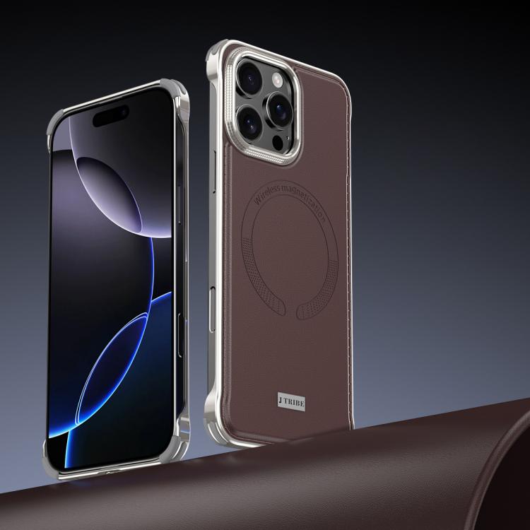 For iPhone 16 Pro J TRIBE Metal Frameless Plain Leather MagSafe Phone Case(Brown) - iPhone 16 Pro Cases by buy2fix | Online Shopping UK | buy2fix