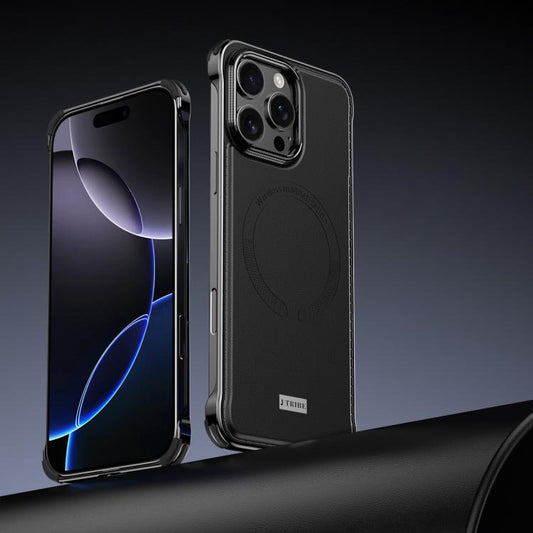 For iPhone 16 Pro Max J TRIBE Metal Frameless Plain Leather MagSafe Phone Case(Black) - iPhone 16 Pro Max Cases by buy2fix | Online Shopping UK | buy2fix