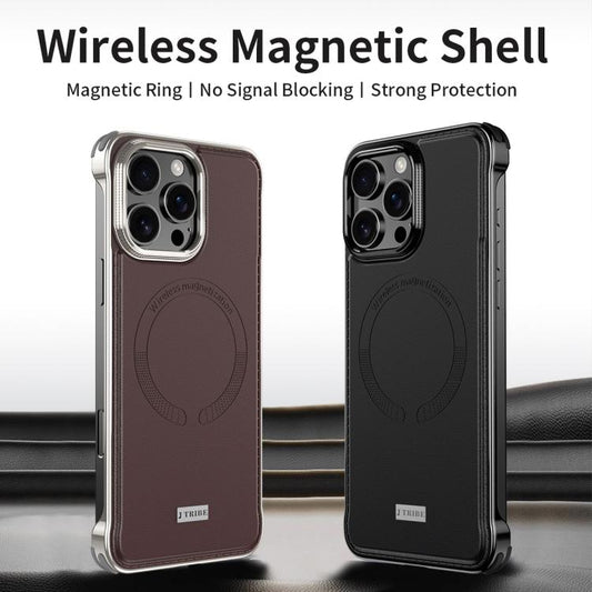 For iPhone 16 J TRIBE Metal Frameless Plain Leather MagSafe Phone Case(Black) - iPhone 16 Cases by buy2fix | Online Shopping UK | buy2fix