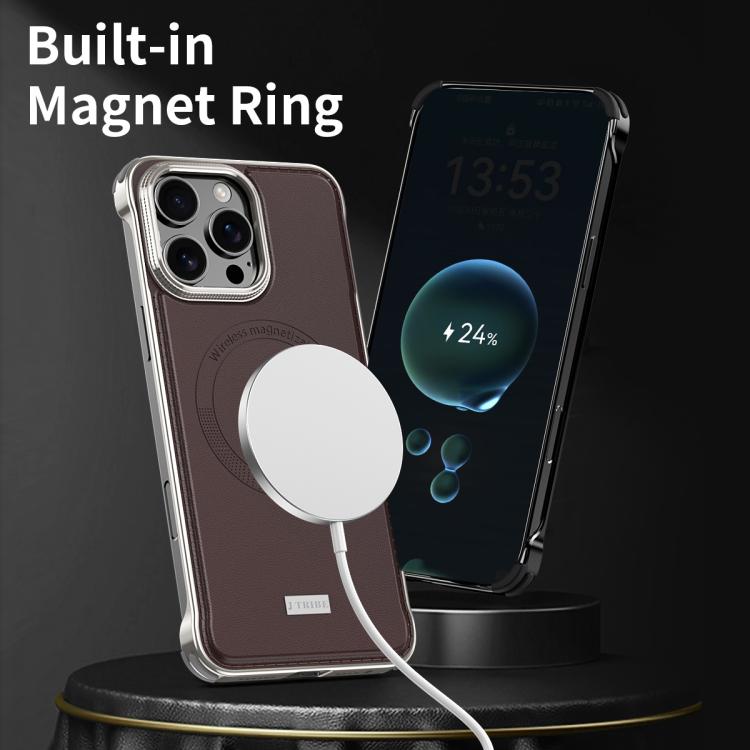 For iPhone 15 J TRIBE Metal Frameless Plain Leather MagSafe Phone Case(Brown) - iPhone 15 Cases by buy2fix | Online Shopping UK | buy2fix