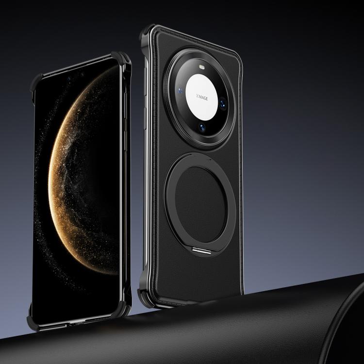 For Huawei Mate 60 Metal Frameless Plain Leather MagSafe Holder Phone Case(Black) - Huawei Cases by buy2fix | Online Shopping UK | buy2fix