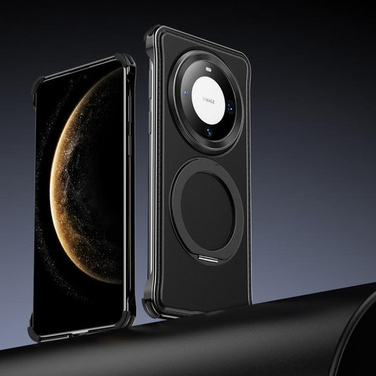 For Huawei Mate 60 Metal Frameless Plain Leather MagSafe Holder Phone Case(Black) - Huawei Cases by buy2fix | Online Shopping UK | buy2fix