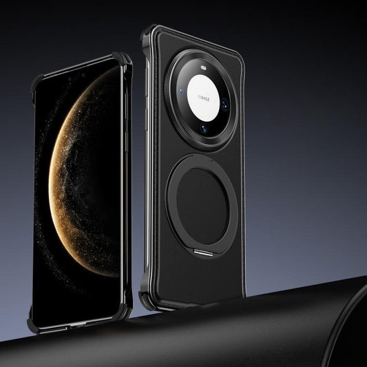 For Huawei Mate 60 Pro Metal Frameless Plain Leather MagSafe Holder Phone Case(Black) - Huawei Cases by buy2fix | Online Shopping UK | buy2fix