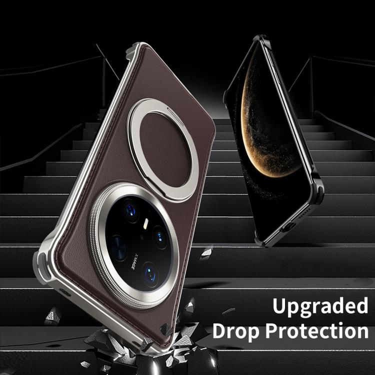 For Huawei Mate 60 Pro+ Metal Frameless Plain Leather MagSafe Holder Phone Case(Brown) - Huawei Cases by buy2fix | Online Shopping UK | buy2fix