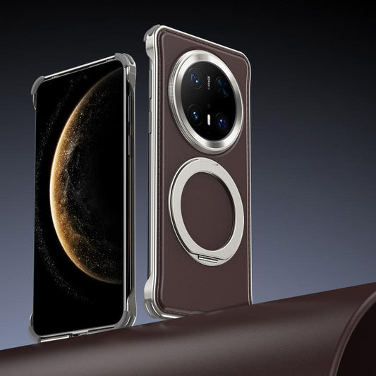 For Huawei Mate 70 Pro Metal Frameless Plain Leather MagSafe Holder Phone Case(Brown) - Huawei Cases by buy2fix | Online Shopping UK | buy2fix