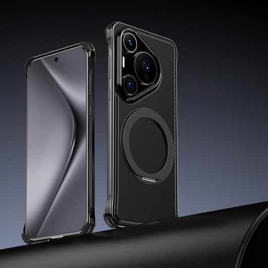 For Huawei Pura 70 Metal Frameless Plain Leather MagSafe Holder Phone Case(Black) - Huawei Cases by buy2fix | Online Shopping UK | buy2fix