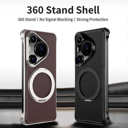 For Huawei Pura 70 Pro Metal Frameless Plain Leather MagSafe Holder Phone Case(Brown) - Huawei Cases by buy2fix | Online Shopping UK | buy2fix