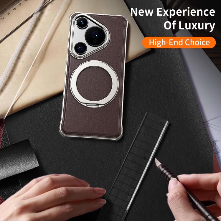 For Huawei Pura 70 Pro Metal Frameless Plain Leather MagSafe Holder Phone Case(Black) - Huawei Cases by buy2fix | Online Shopping UK | buy2fix