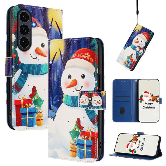 For Samsung Galaxy S25 FE 5G Christmas Series Buckle Leather Phone Case with Hand Strap(Gift Box Snowman)